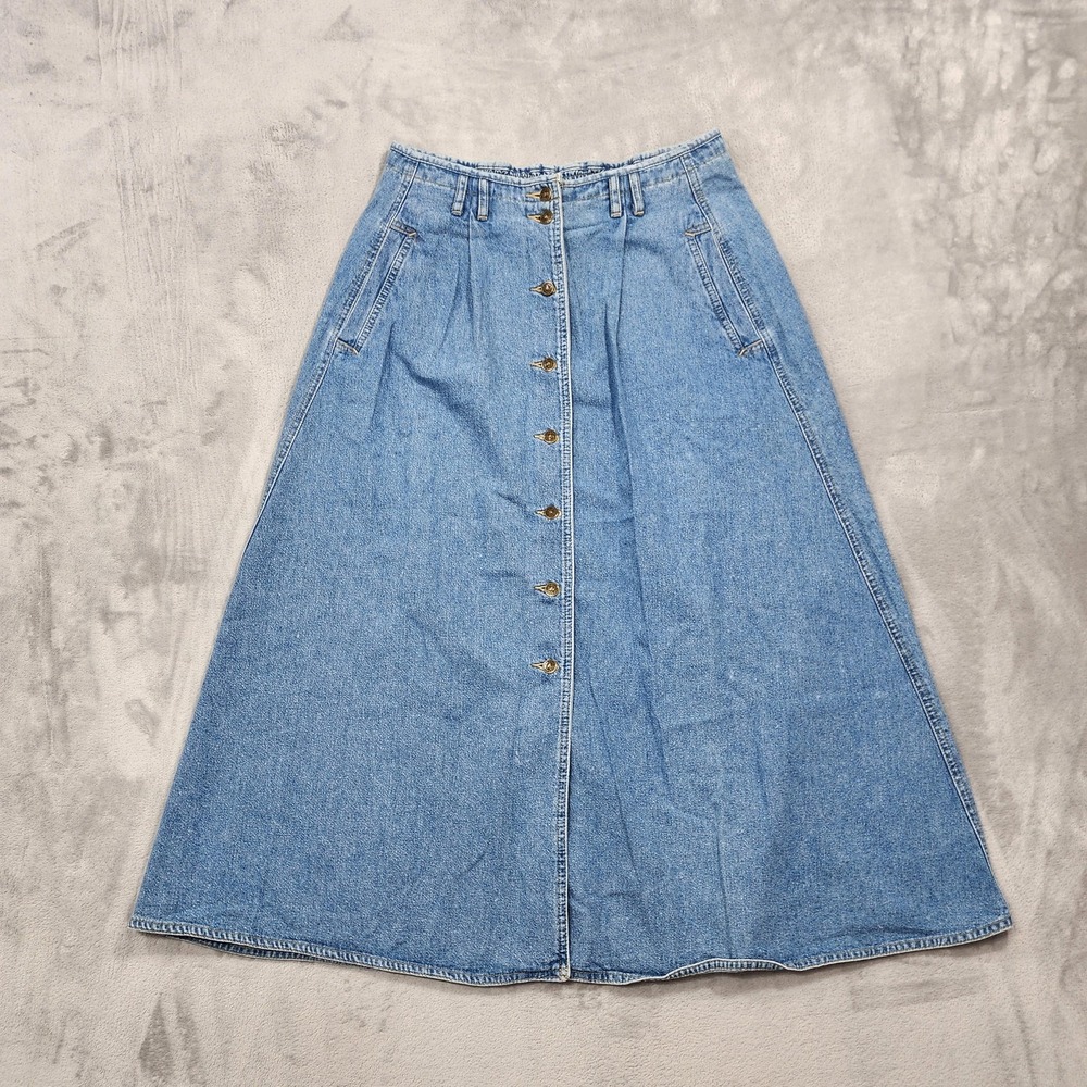 Vintage Lizwear Skirt Womens 10P PETITE Blue Denim A-Line Midi Button Front